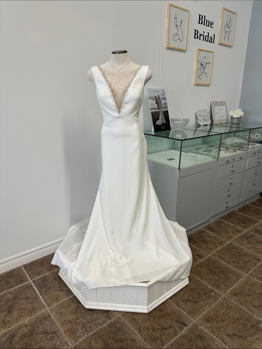 Ivory Satin Wedding Dress with Illusion Beaded V-Neck